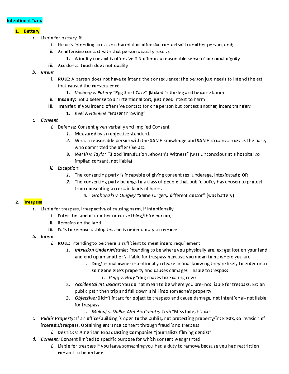 2L Torts Outline: Intentional Torts, Negligence, and Liability ...