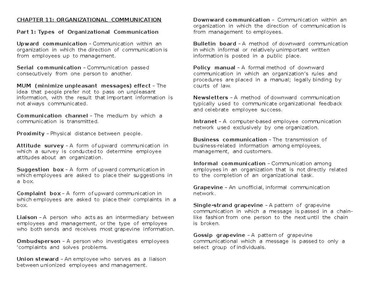 Chapter 11 - Organizational Communication - CHAPTER 11: ORGANIZATIONAL ...