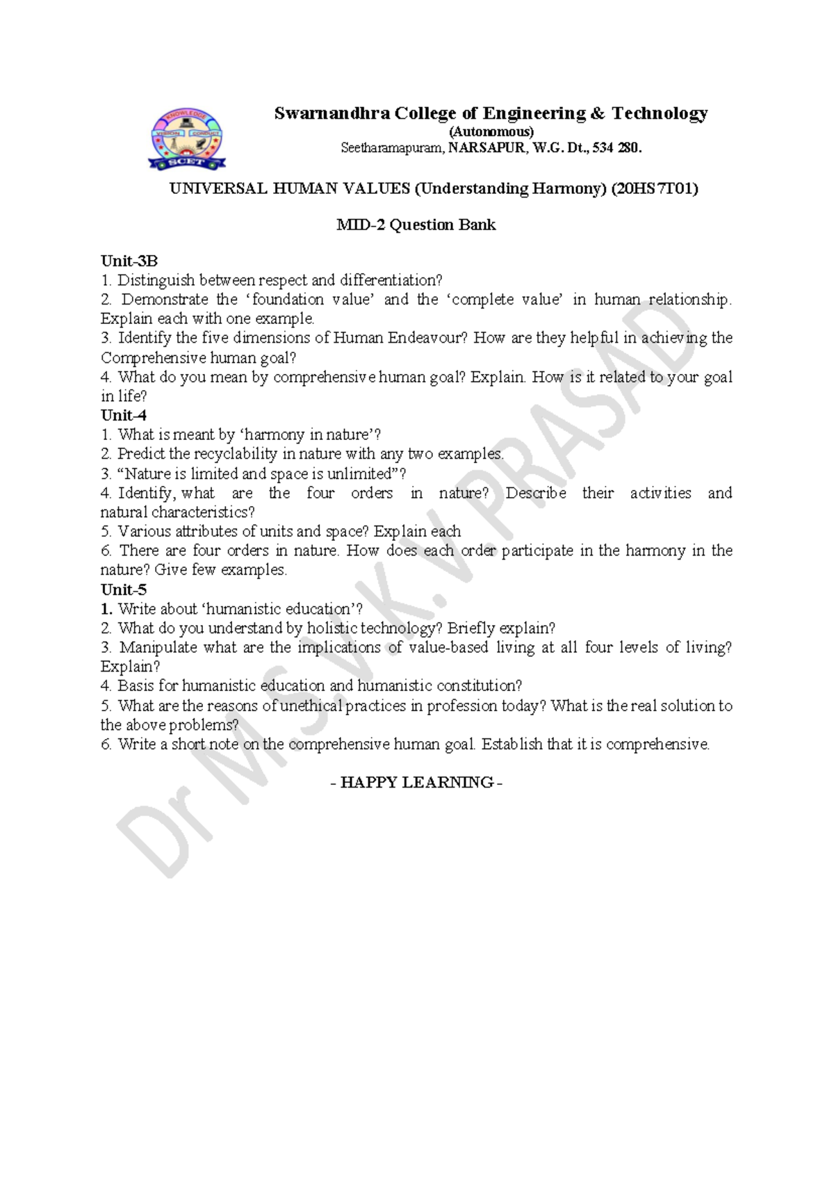 UNIVERSAL HUMAN VALUES (20HS7T01) MID-2 Question Bank - Studocu