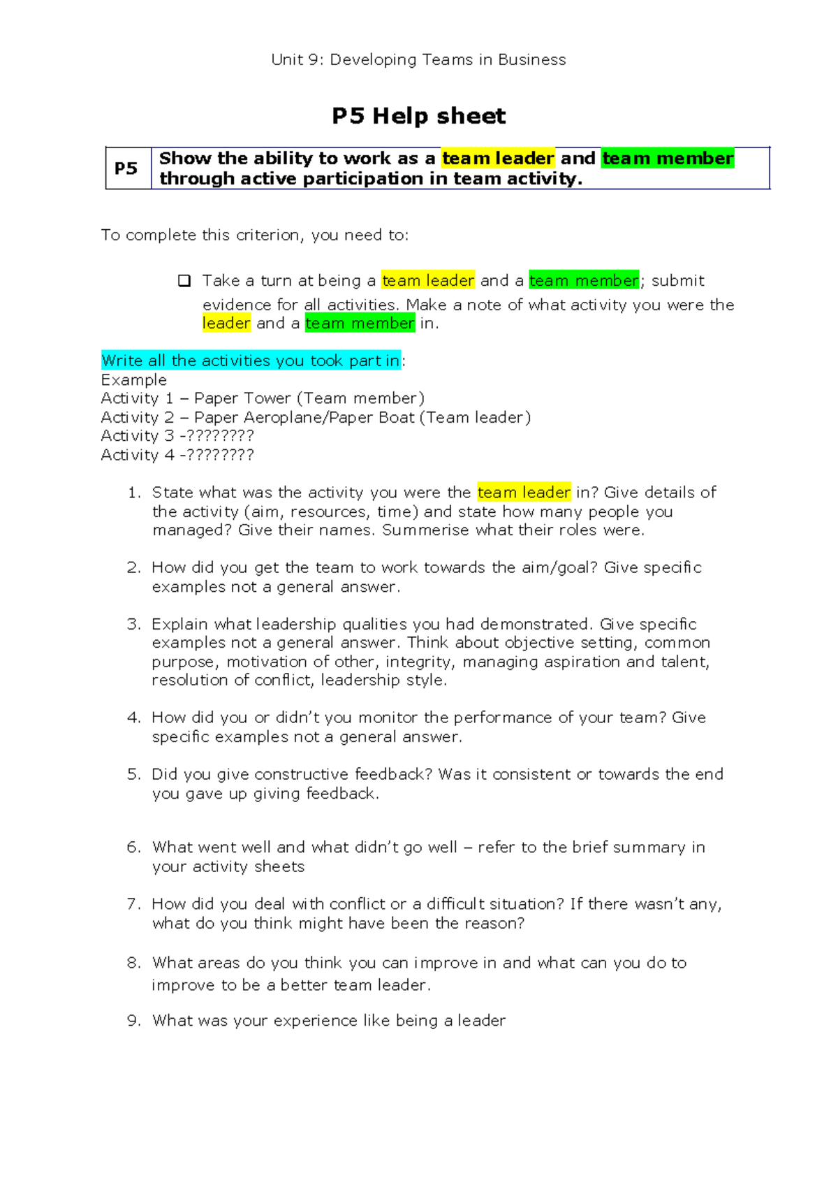 Unit 9: Developing Teams in Business P5 & P6 Help Sheet Guide - Studocu
