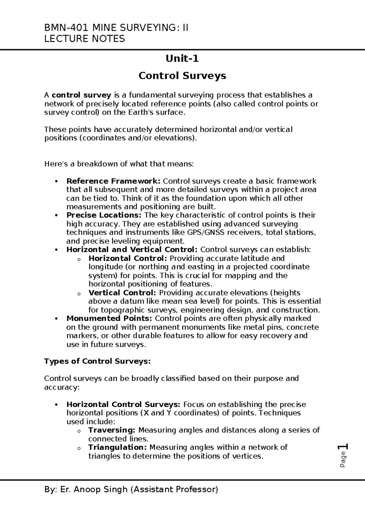 MINE SURVEYING: II LECTURE NOTES on Control Surveys and Techniques ...