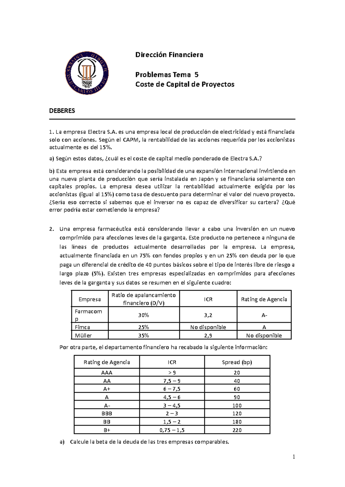 Deberes T5 - Ejercicios de Coste de Capital y Riesgo Financiero - Studocu