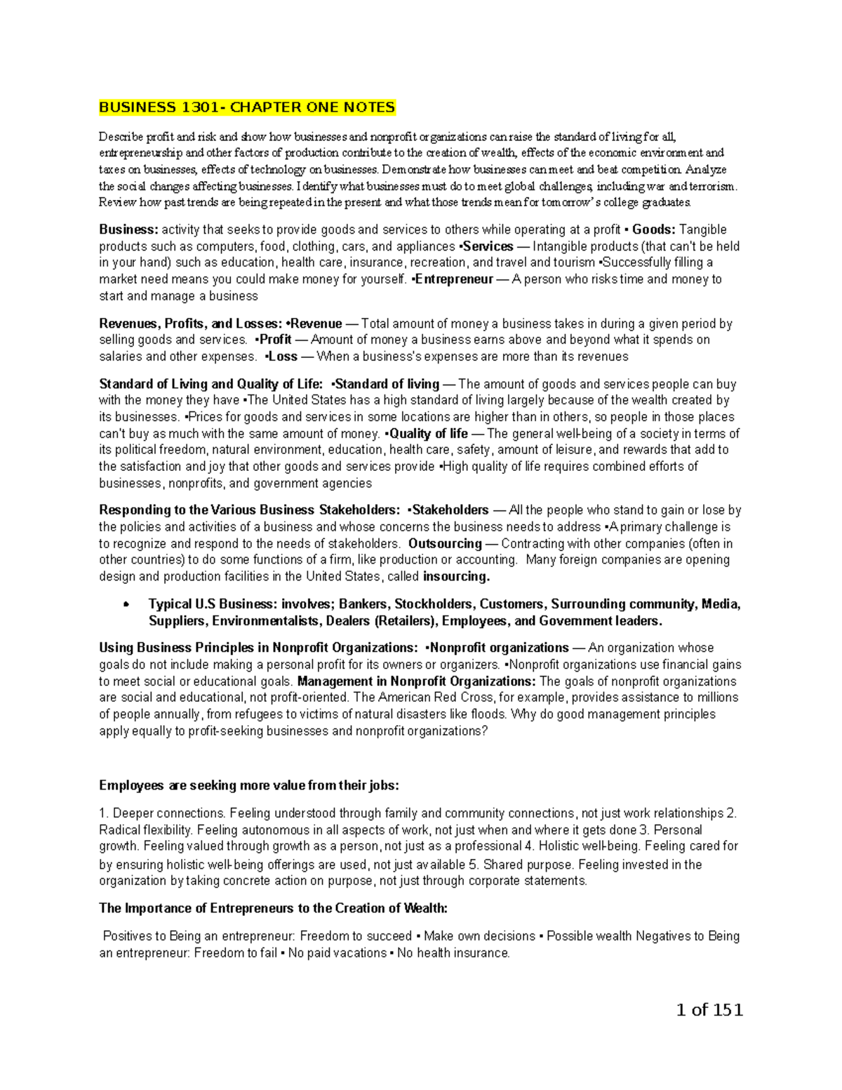 BUSINESS 1301 - CHAPTER ONE: ECONOMICS & MANAGEMENT NOTES - Studocu