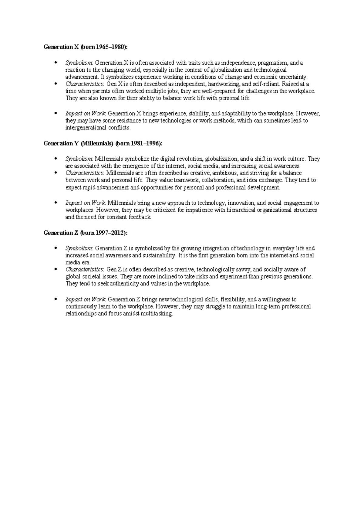 Generations Overview: Traits & Workplace Impact Analysis - Studocu