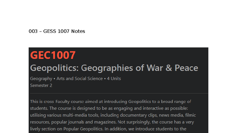 003 - 003 - 003 GESS 1007 Notes GEC1007 Geopolitics: Geographies of War ...
