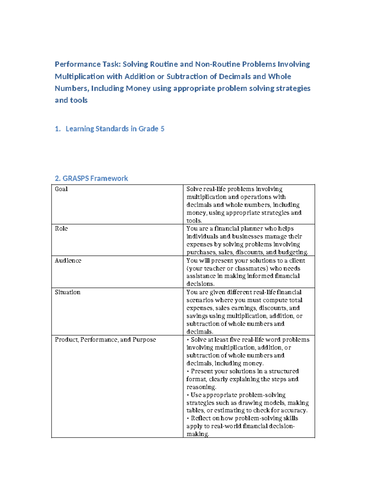 Performance Task: Multiplication and Decimals in Real-Life Problems ...