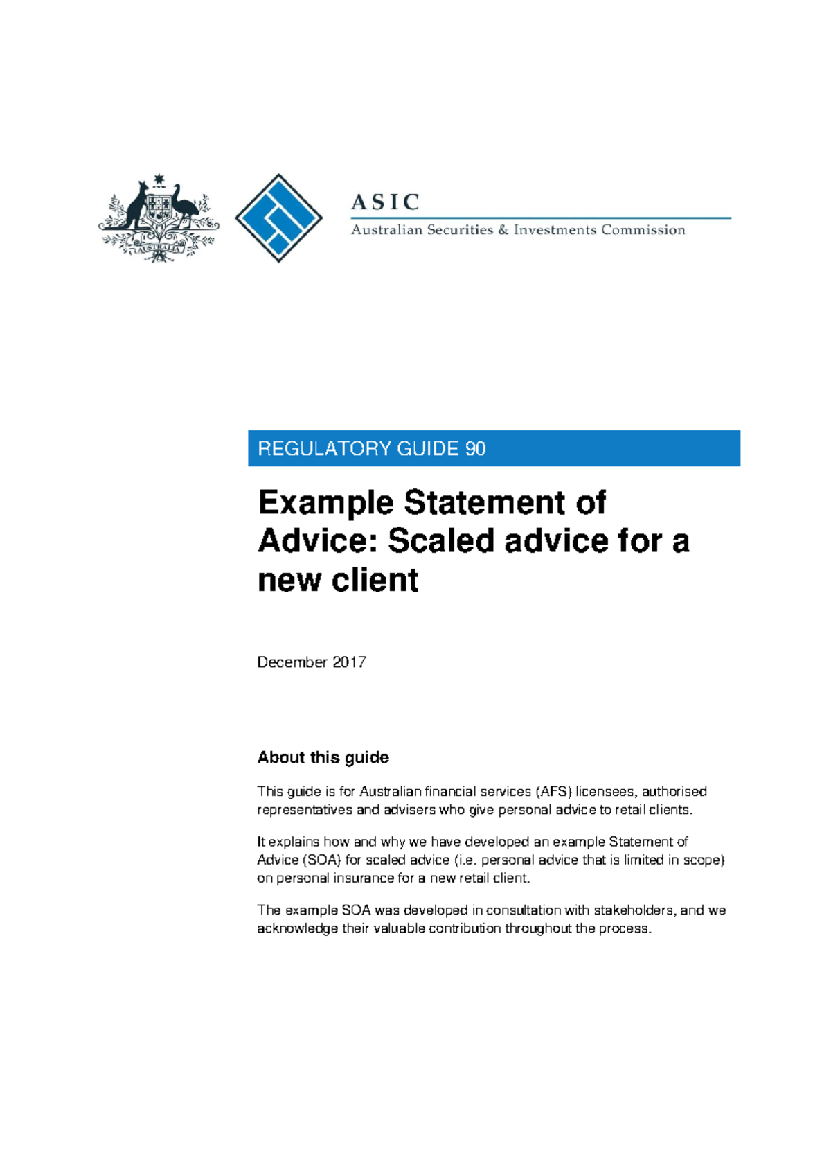 REGULATORY GUIDE 90: Example SOA for Scaled Personal Insurance Advice ...