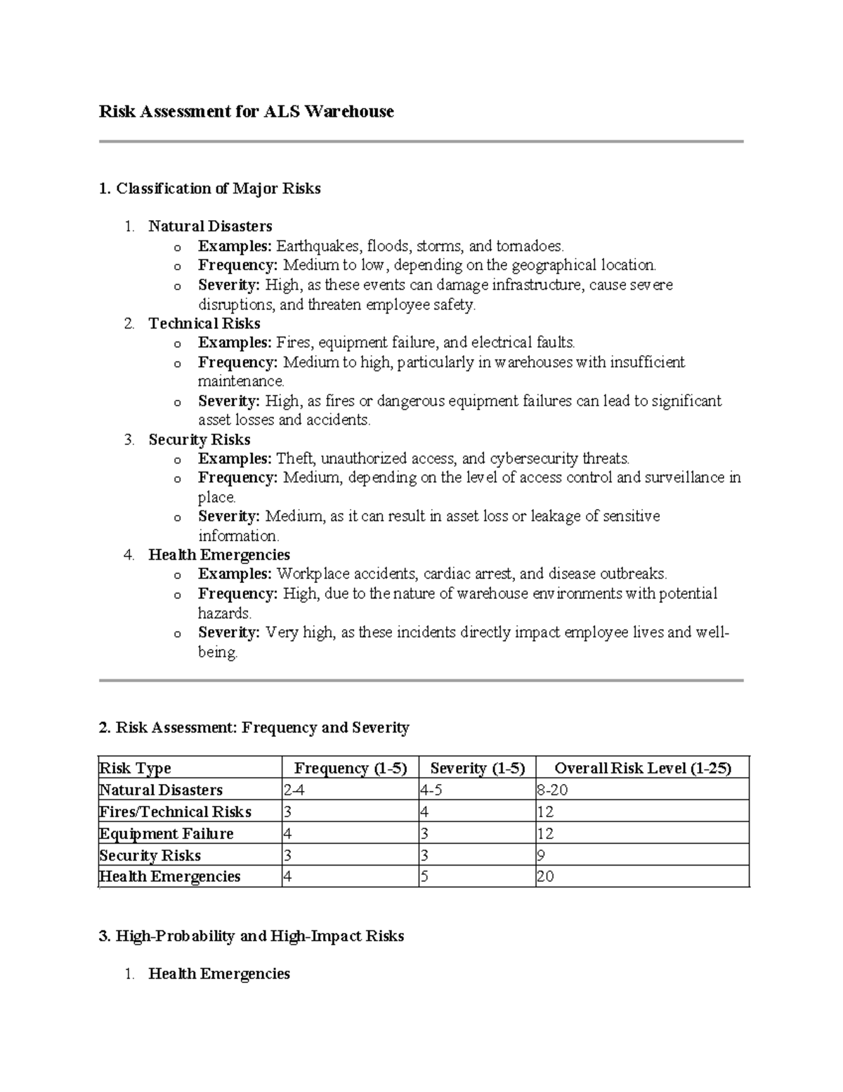Risk Assessment for ALS Warehouse: Major Risks Analysis - Studocu