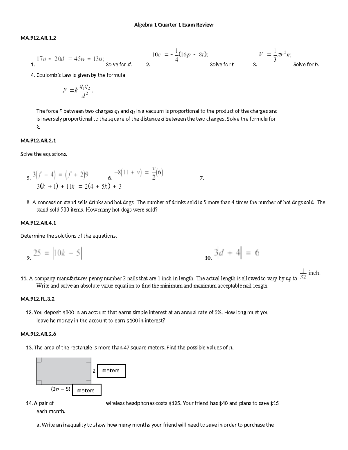 Algebra 1 Q1 Exam Review MA.912.AR. - Solutions and Examples - Studocu