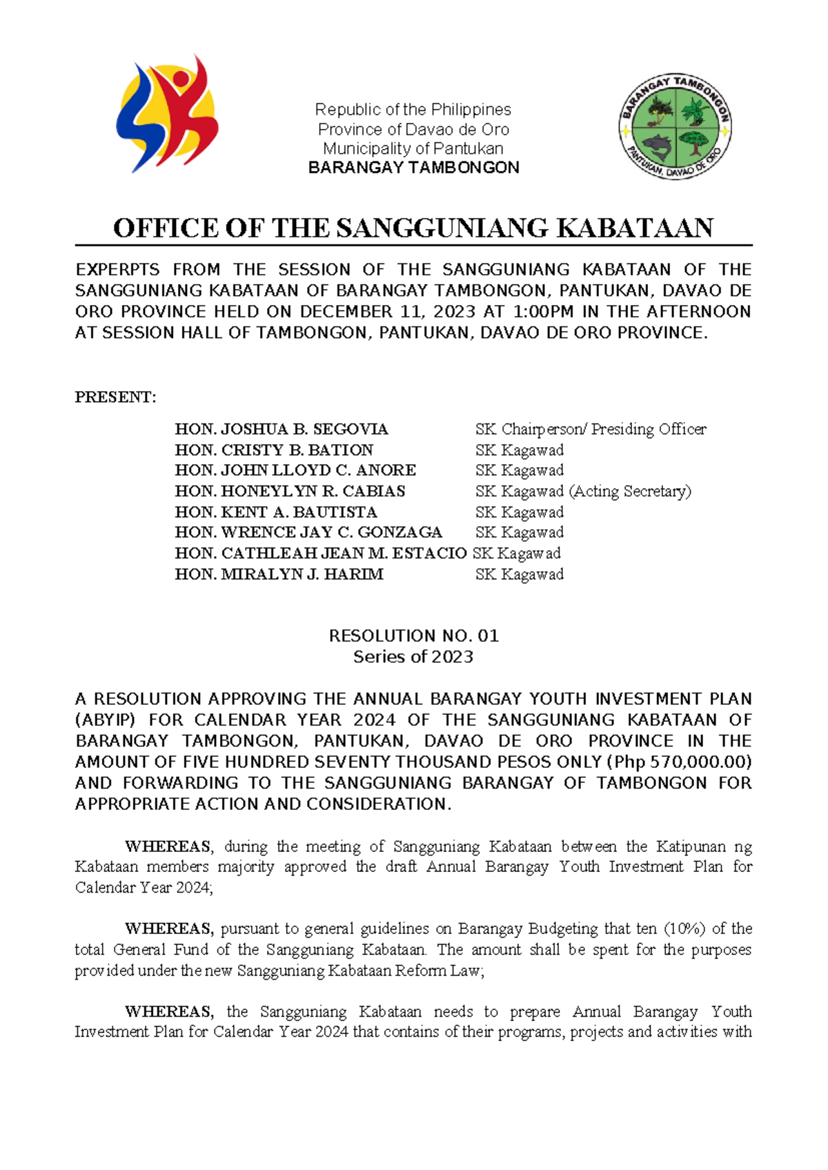 RESO-FOR- Abyip-2024 - Resolution for ABYIP 2024 - Republic of the ...