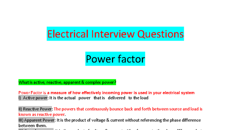 Electrical Interview Questions: Power Factor & Related Concepts - Studocu