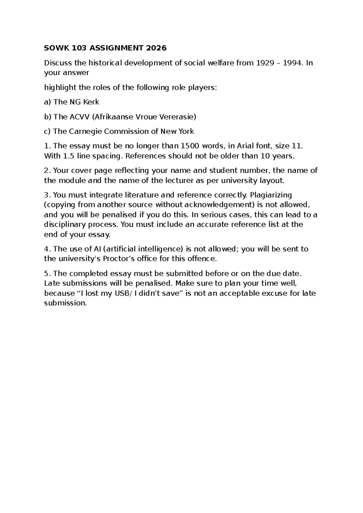SOWK 103 Assignment 2026: Historical Development of Social Welfare ...