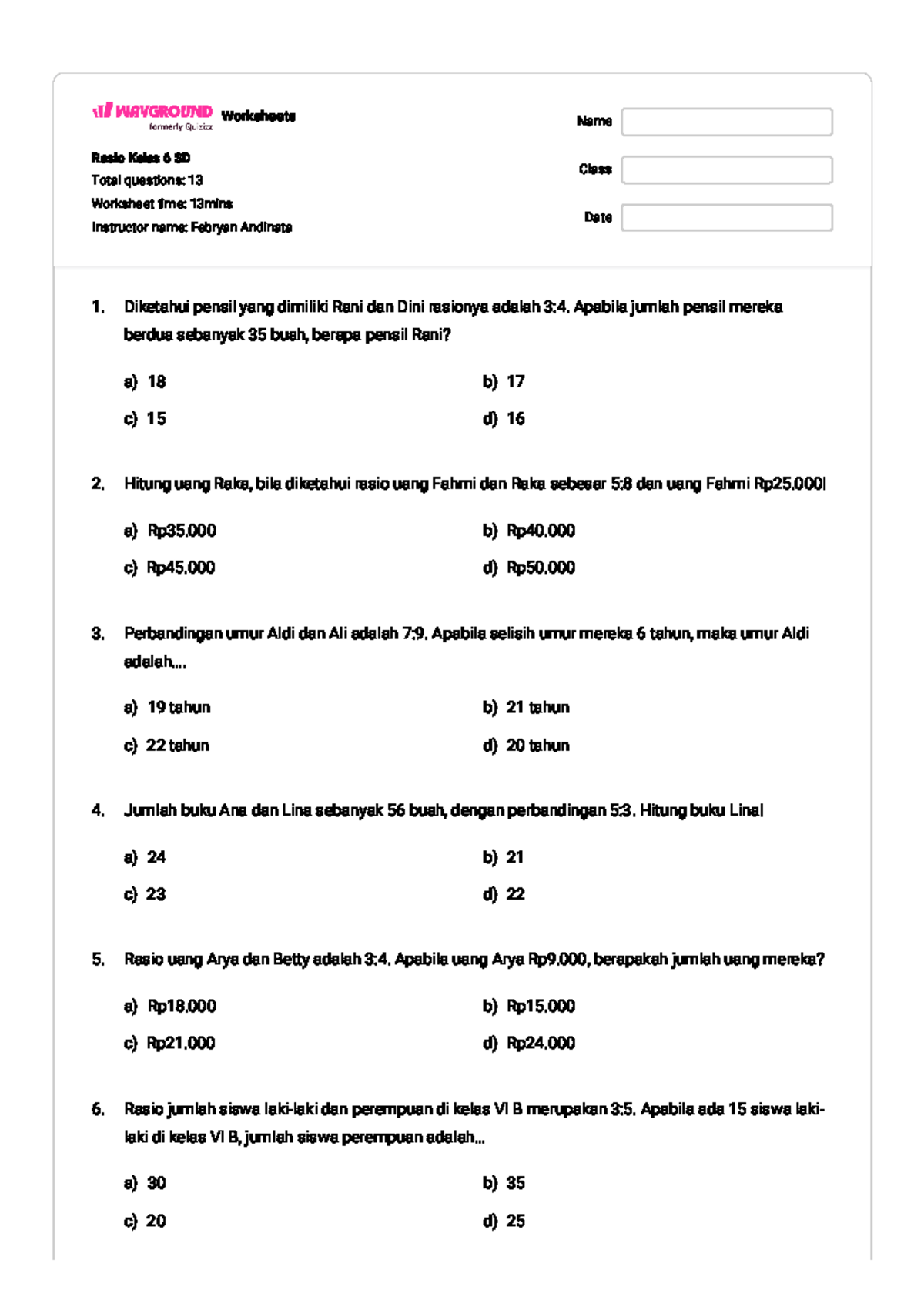 Rasio Matematika Kelas 6 Sd Worksheets Dan Soal Latihan Studocu