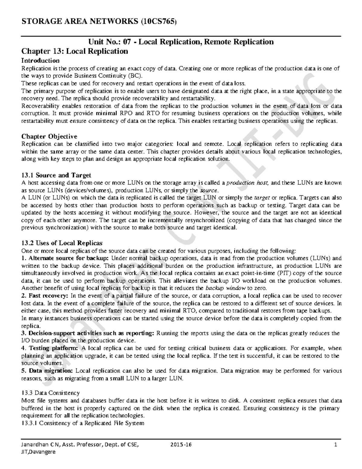 CSE 2015-16 Lecture Notes: Unit 7 - Local Replication Techniques - Studocu