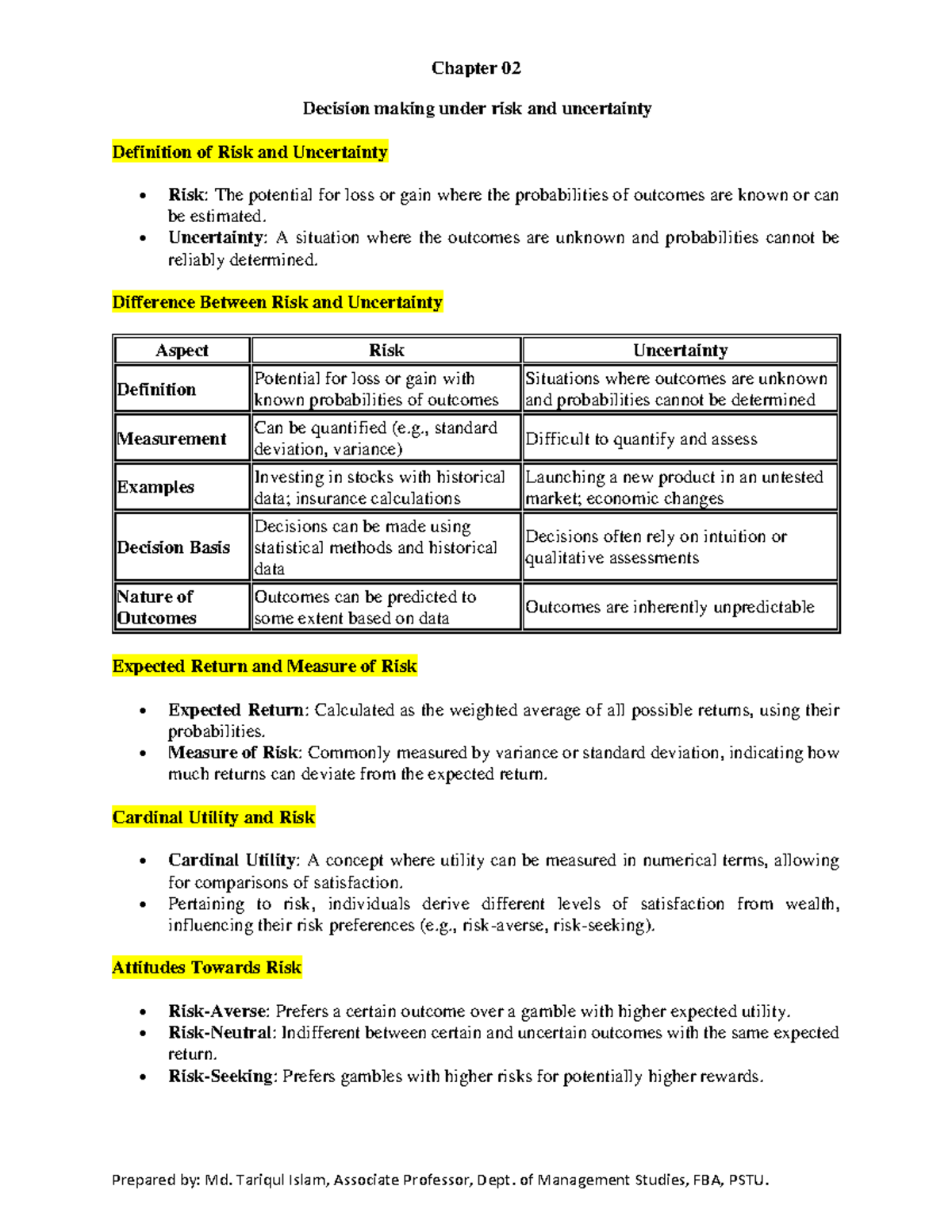 Chapter 02: Decision Making Under Risk & Uncertainty Analysis - Studocu
