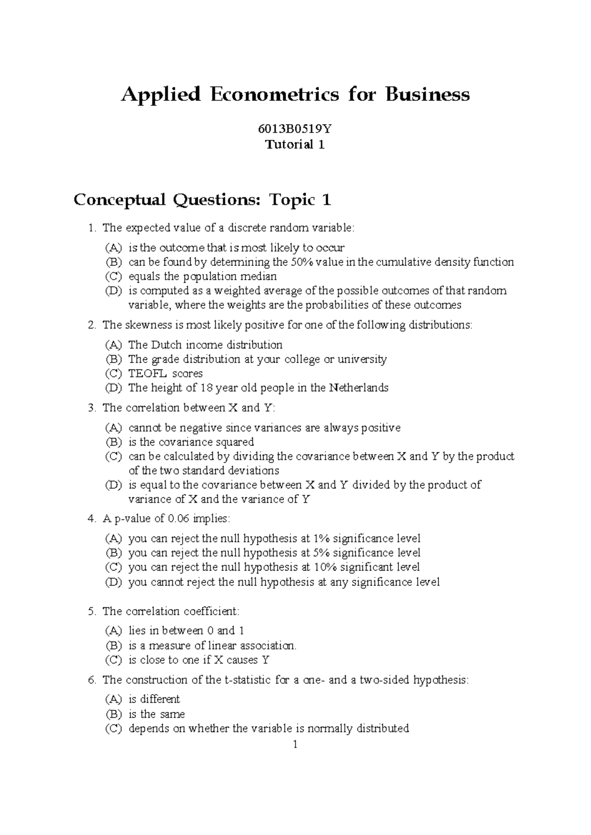 Applied Econometrics for Business AE 6013B0519Y Tutorial 1 & 2 Concepts ...