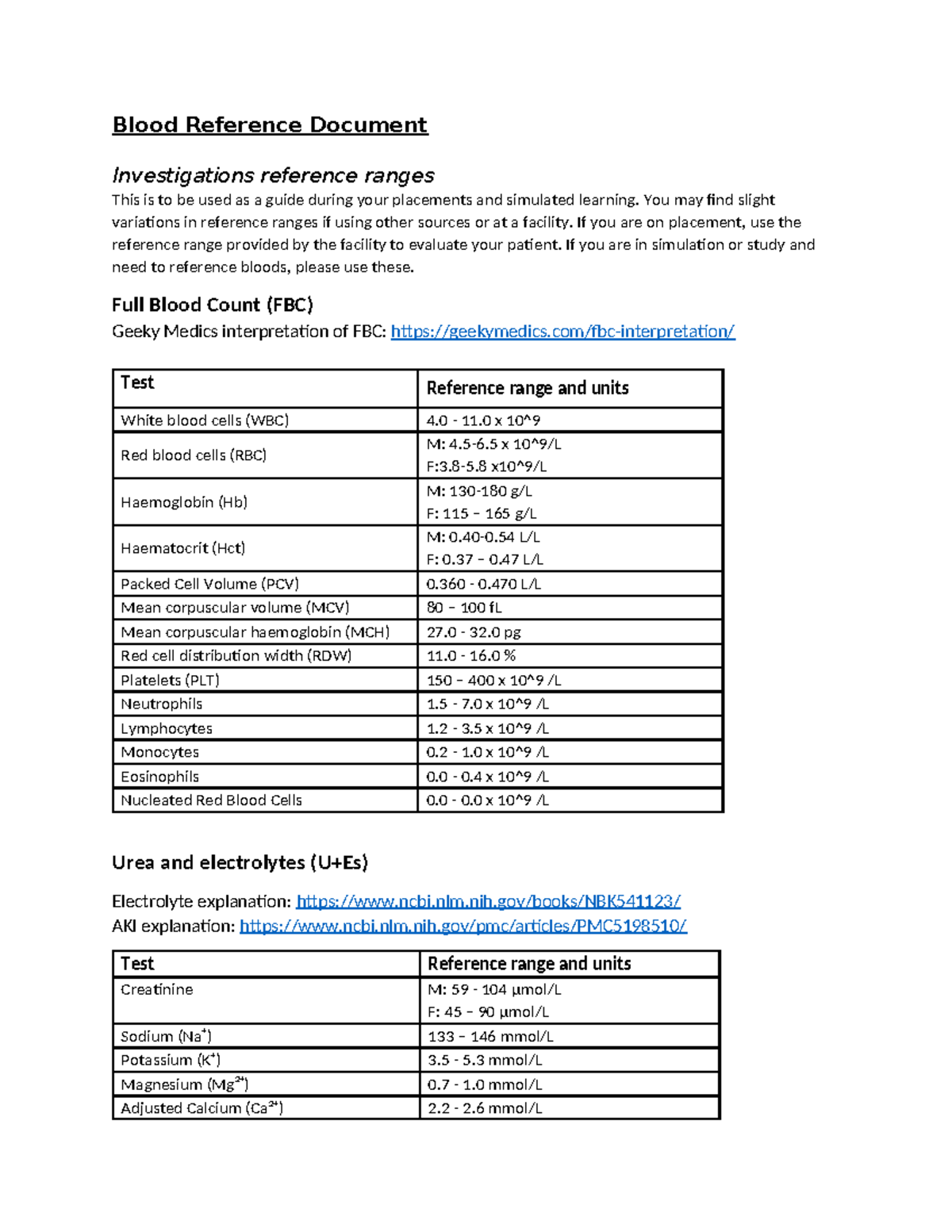 Blood Reference Ranges for Clinical Investigations - Studocu