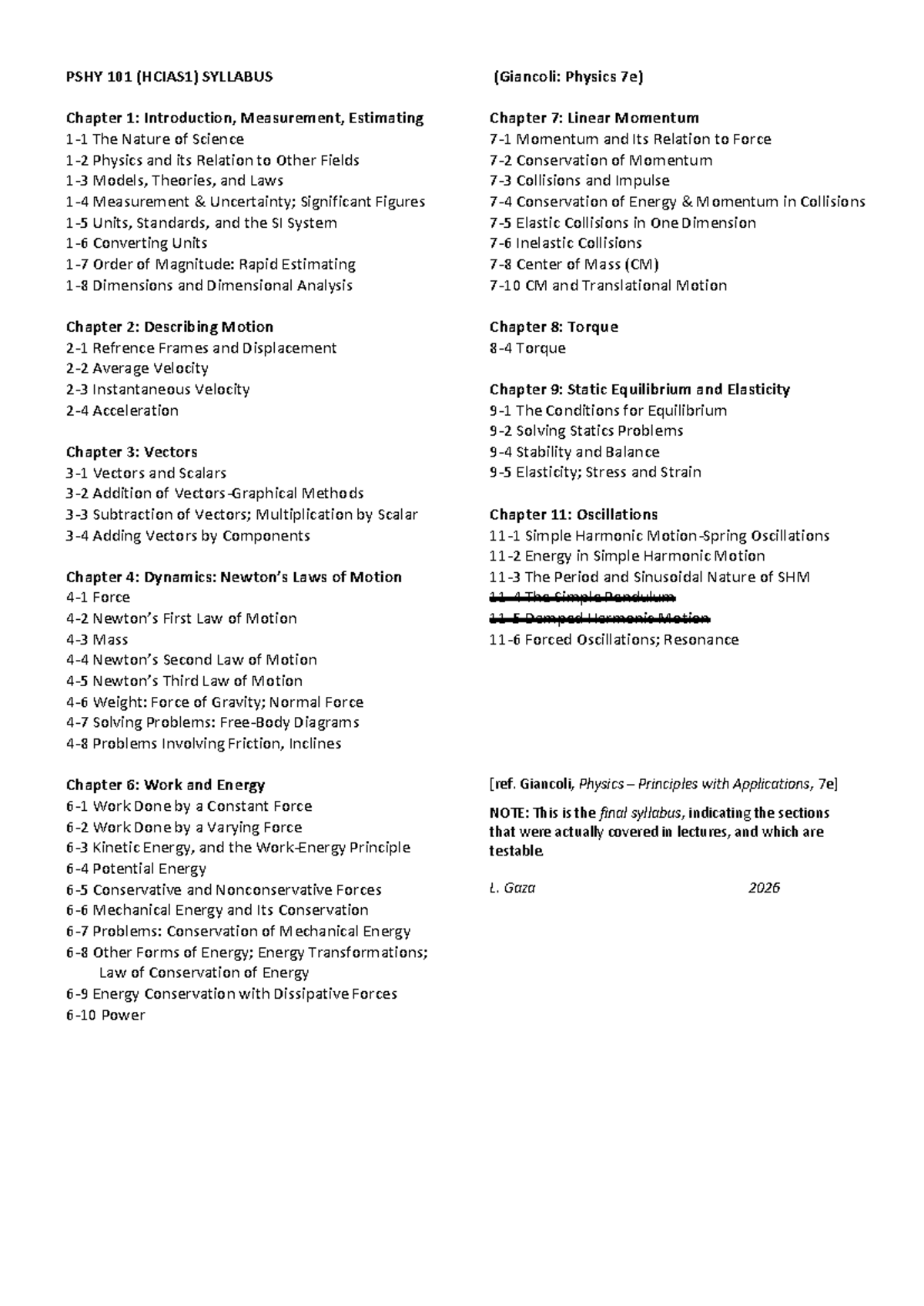 PSHY 101 (HCIAS1) Final Syllabus: Key Topics from Giancoli Physics 7e ...