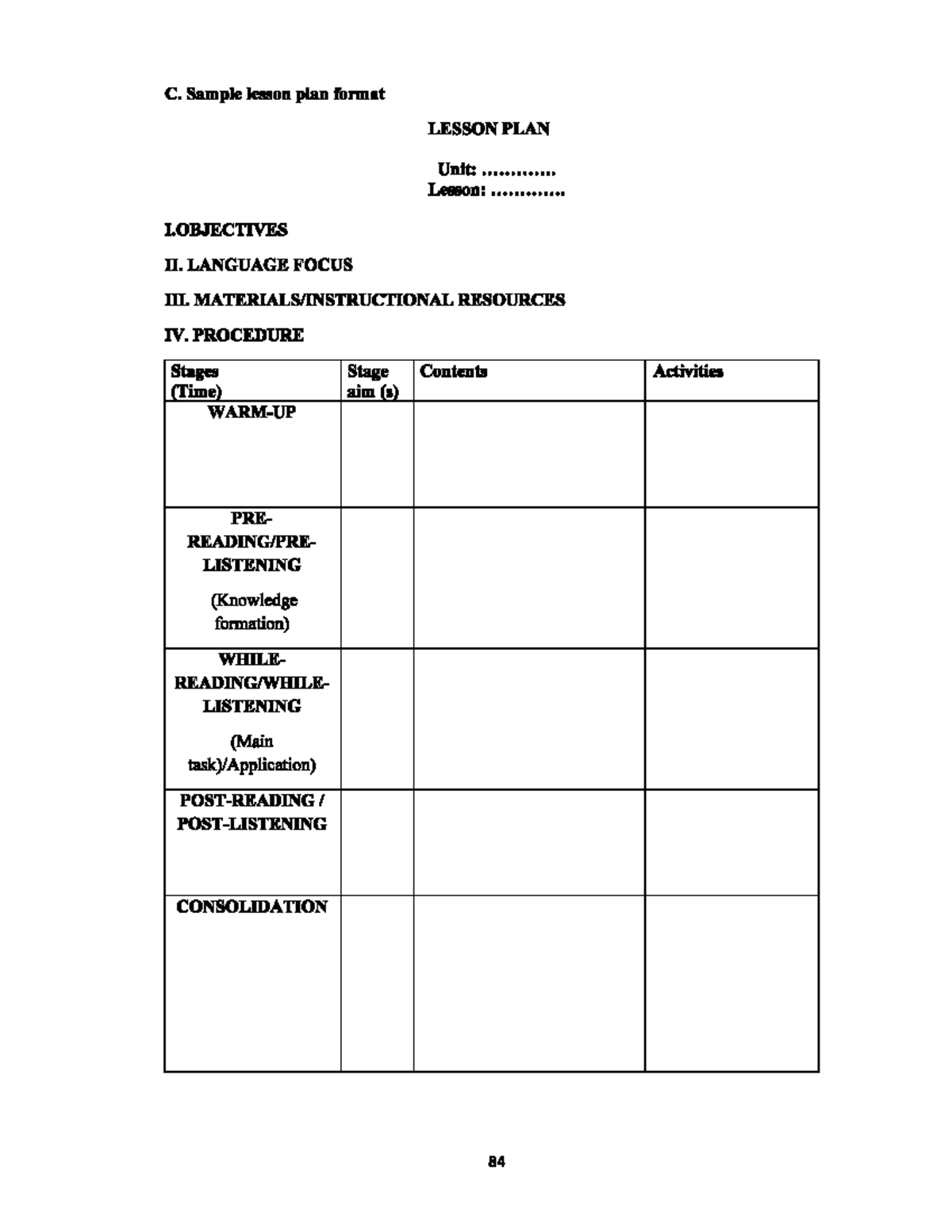 Format of Reading-Listening lesson plan - English language - C. Sample ...