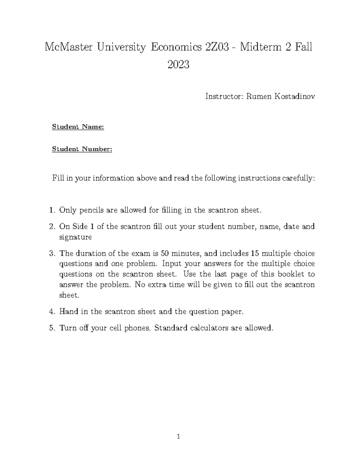 McMaster University Economics 2Z03 Midterm 2 Instructions Fall 2023 ...