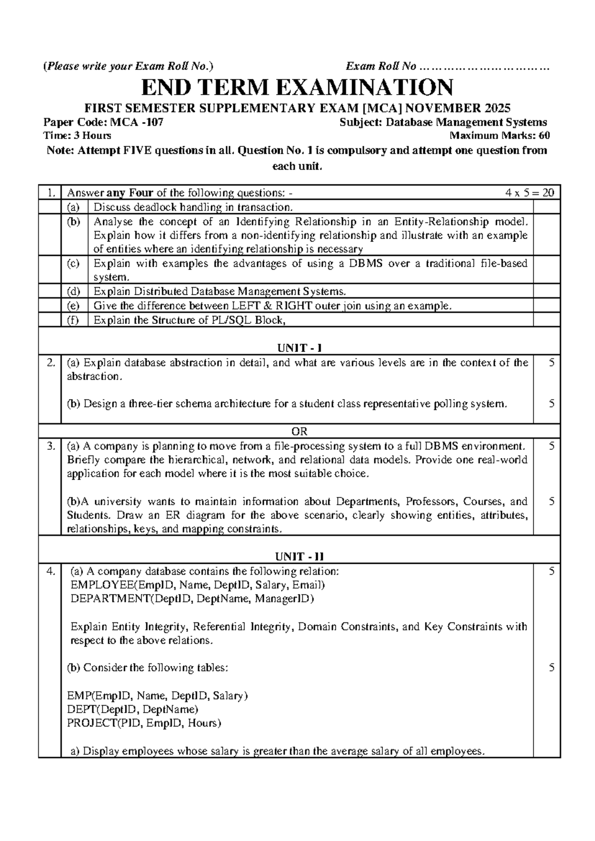 MCA-107 DBMS End Term Exam Supplementary November 2025 - Studocu