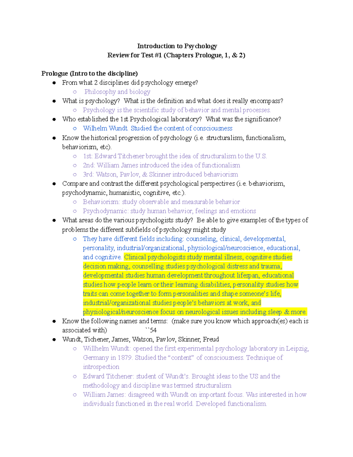 PSY 100 - Test 1 Review: Intro to Psychology Concepts & Theories - Studocu