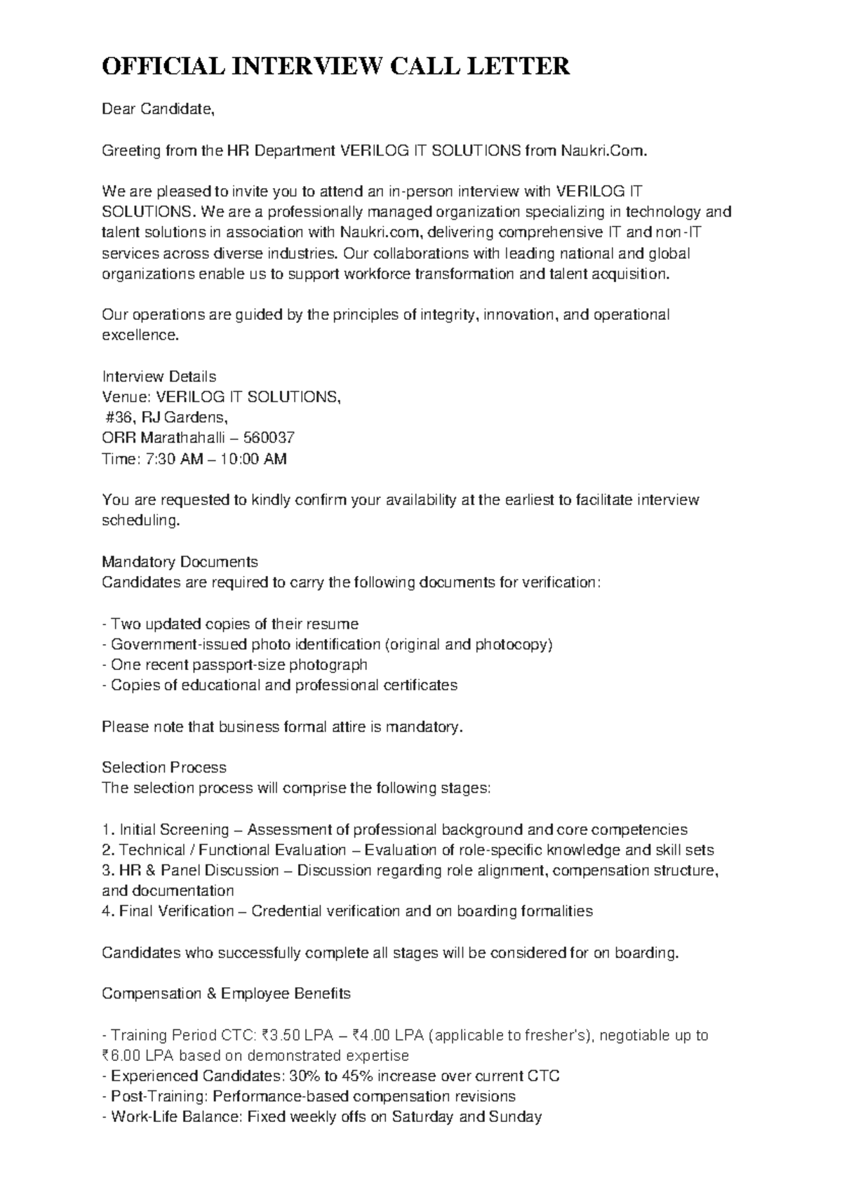 Official Interview Call Letter - Verilog IT Solutions - Studocu