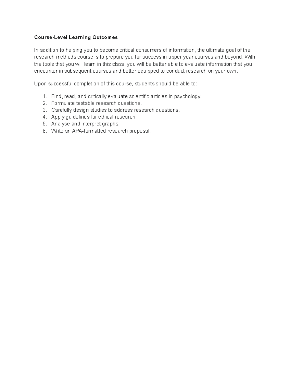 PSY 301: Course-Level Learning Outcomes for Research Methods - Studocu