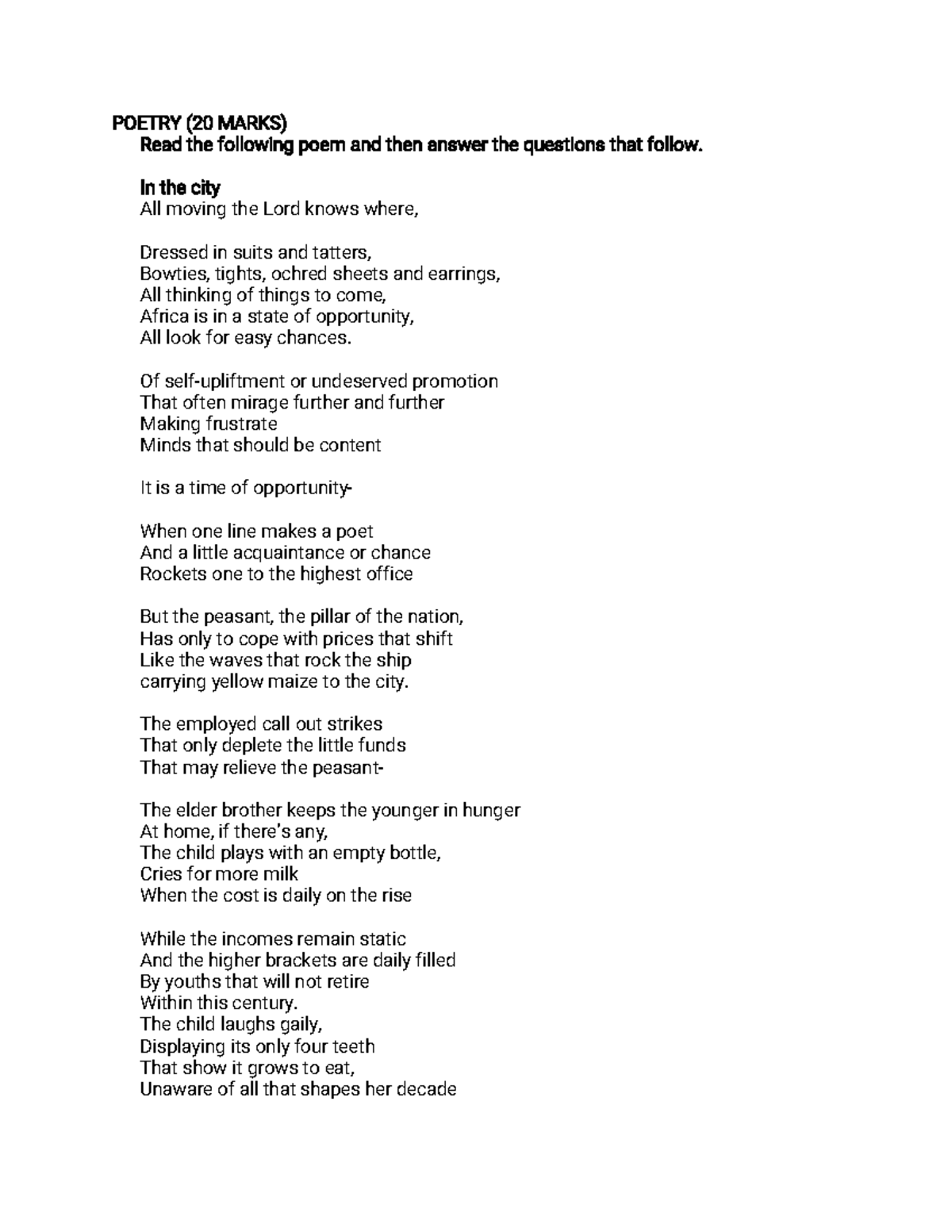 S5 Literature - Poetry Analysis and Answers for Exam Preparation - Studocu