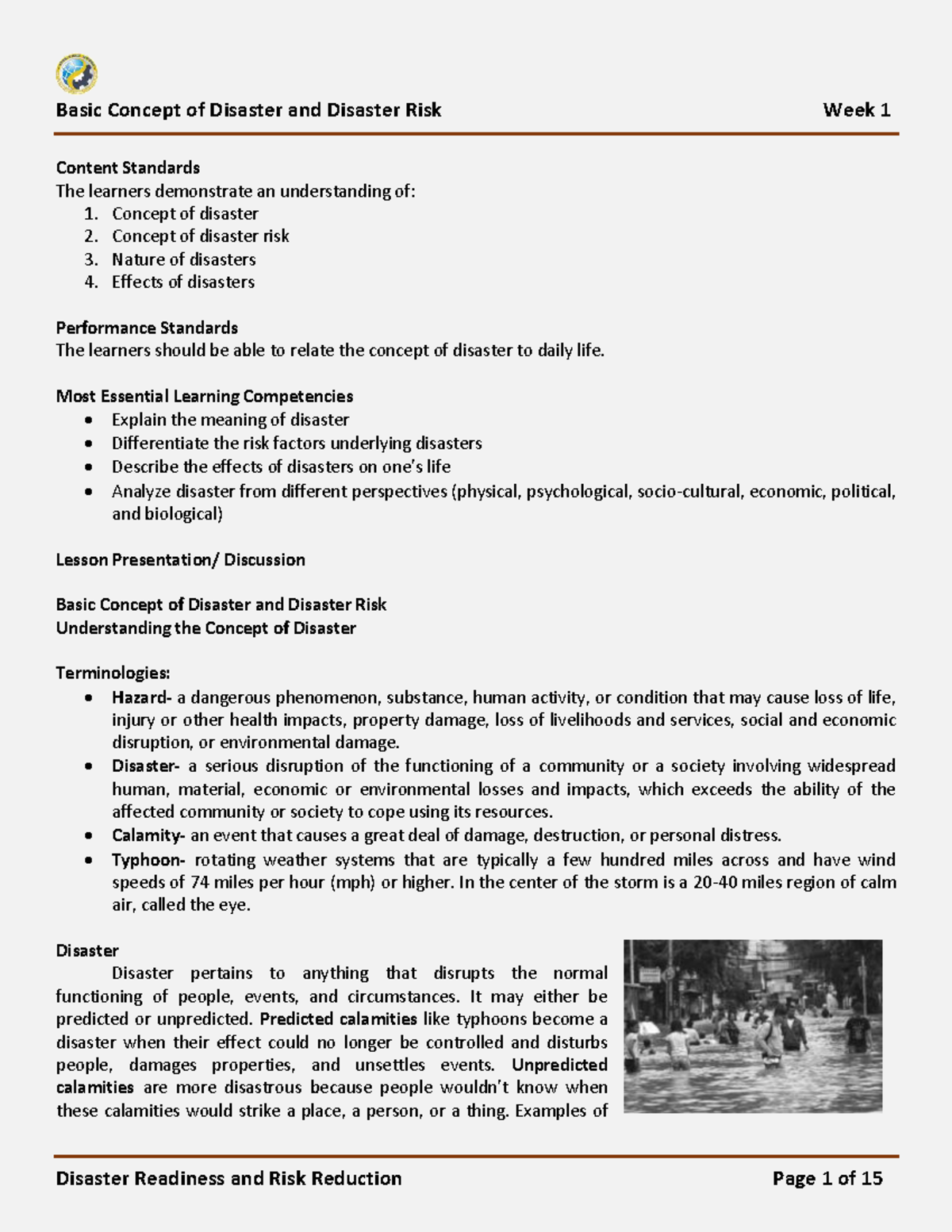 Basic Concepts of Disaster and Risk Reduction (DRRR 101) - Week 1 - Studocu