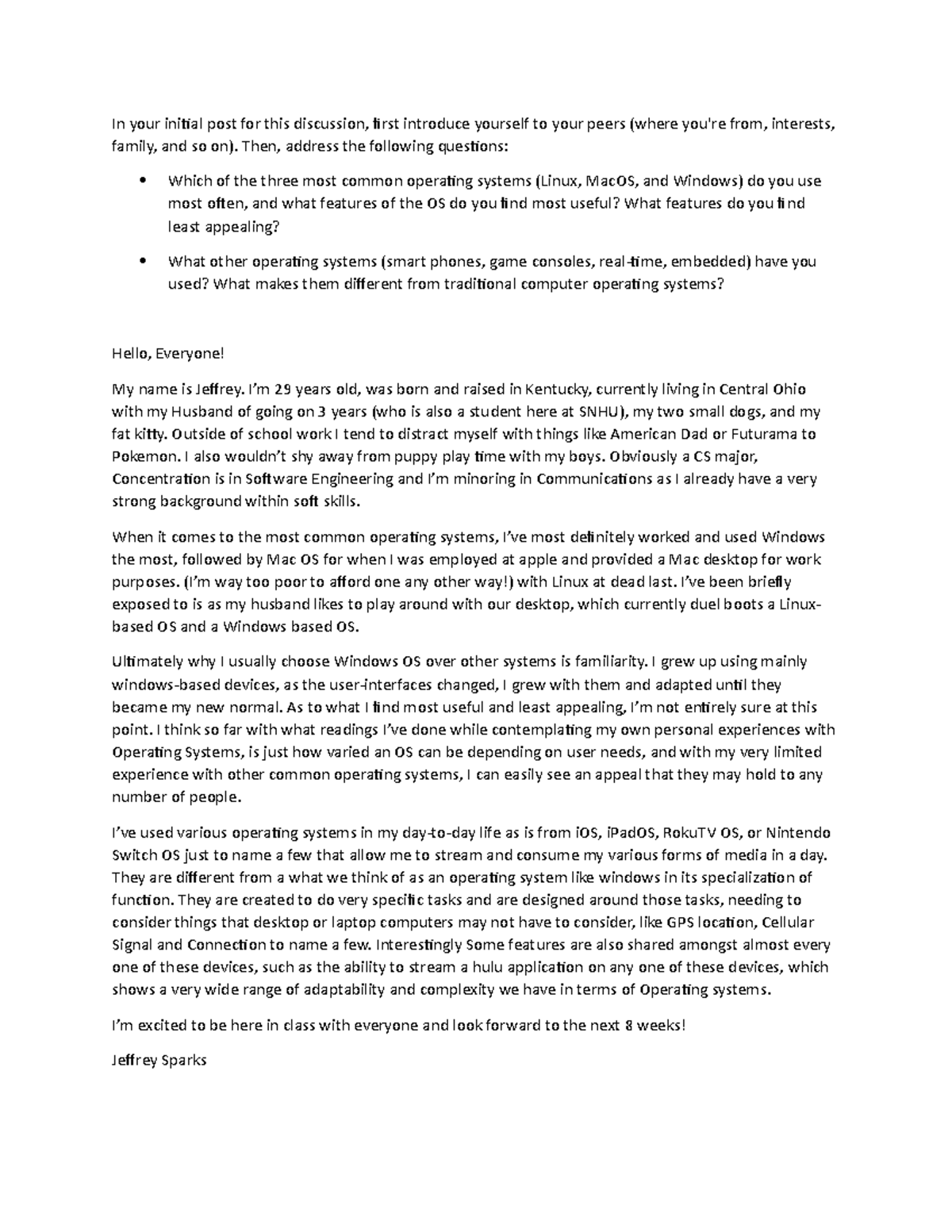 CS 230 Week 1: Introduction & OS Discussion Board Post - Studocu