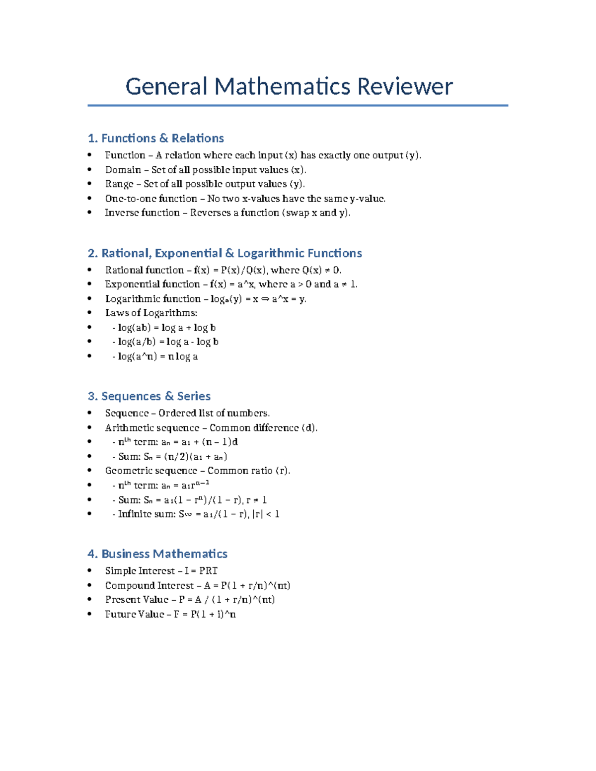 Gen Math Reviewer 1: Functions, Sequences & Business Math - Studocu