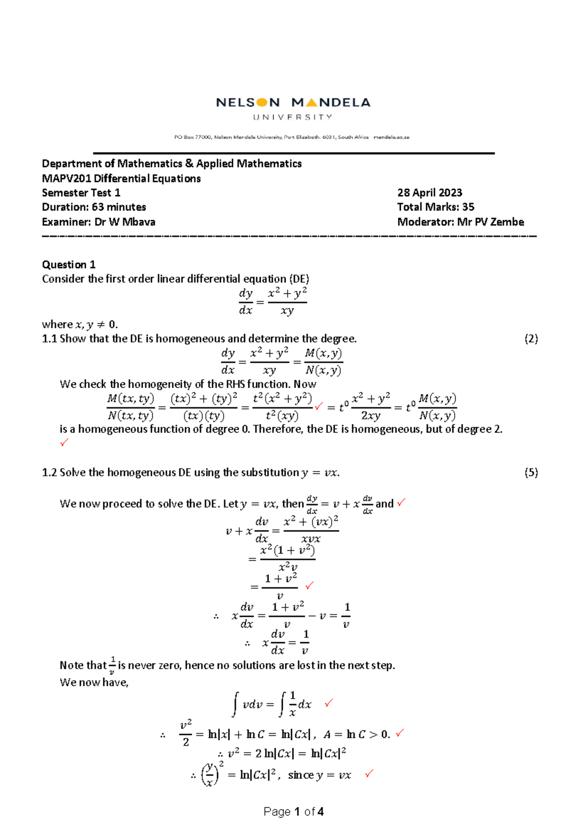 MAPV201 Differential Equations Semester Test 1 Memo 2023 - Studocu