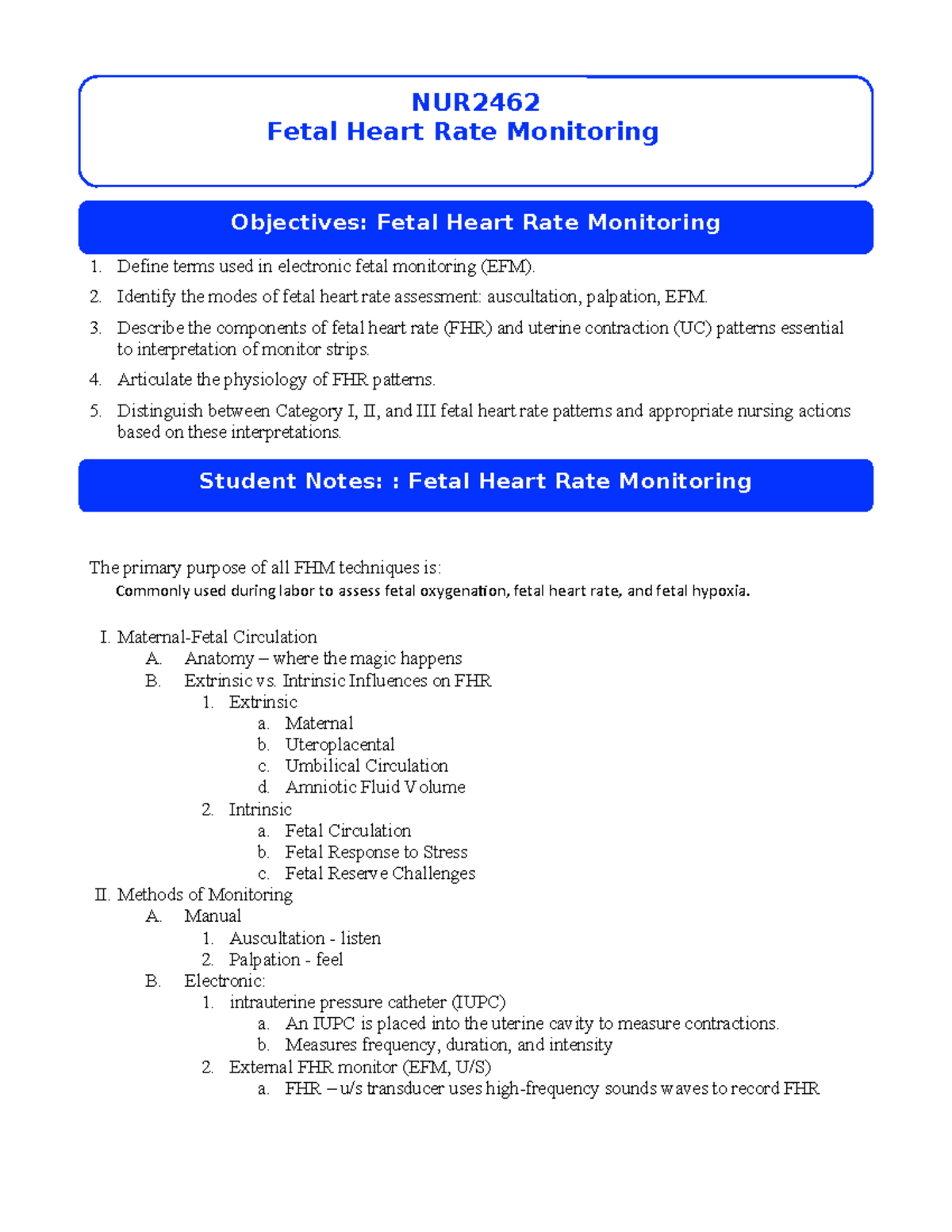 Fetal Heart Rate Monitoring Notes for NUR2462 EFM: Key Principles ...