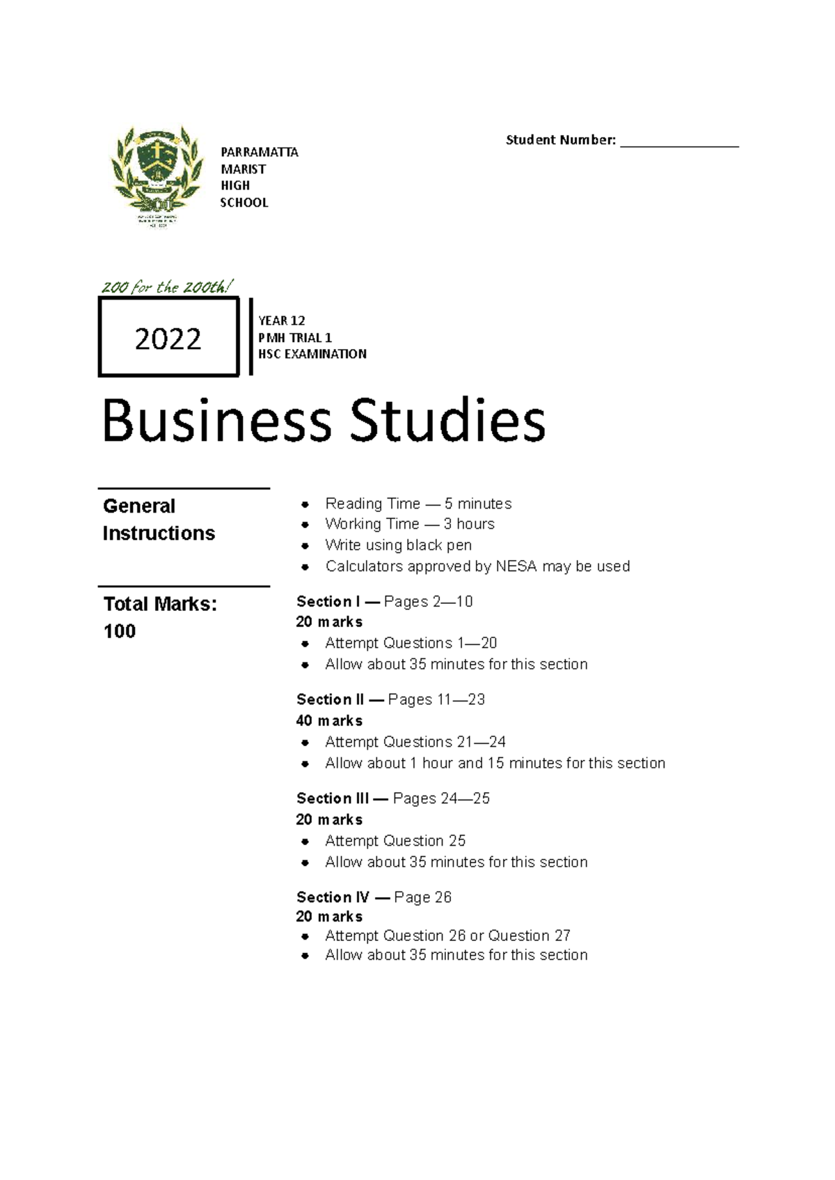 2022 PMH Year 12 Trial 1 HSC Business Studies Examination - Studocu