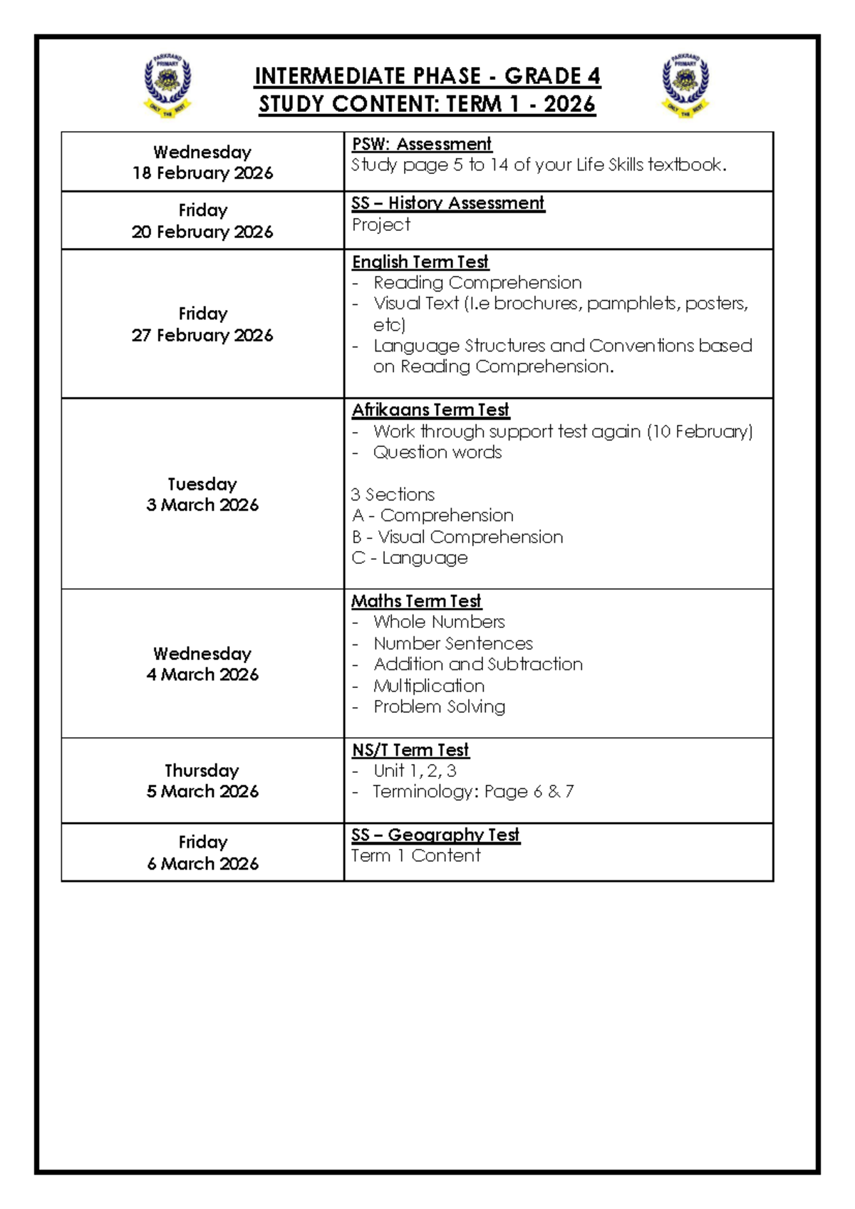 INTERMEDIATE & SENIOR PHASE STUDY CONTENT: TERM 1 2026 - Studocu