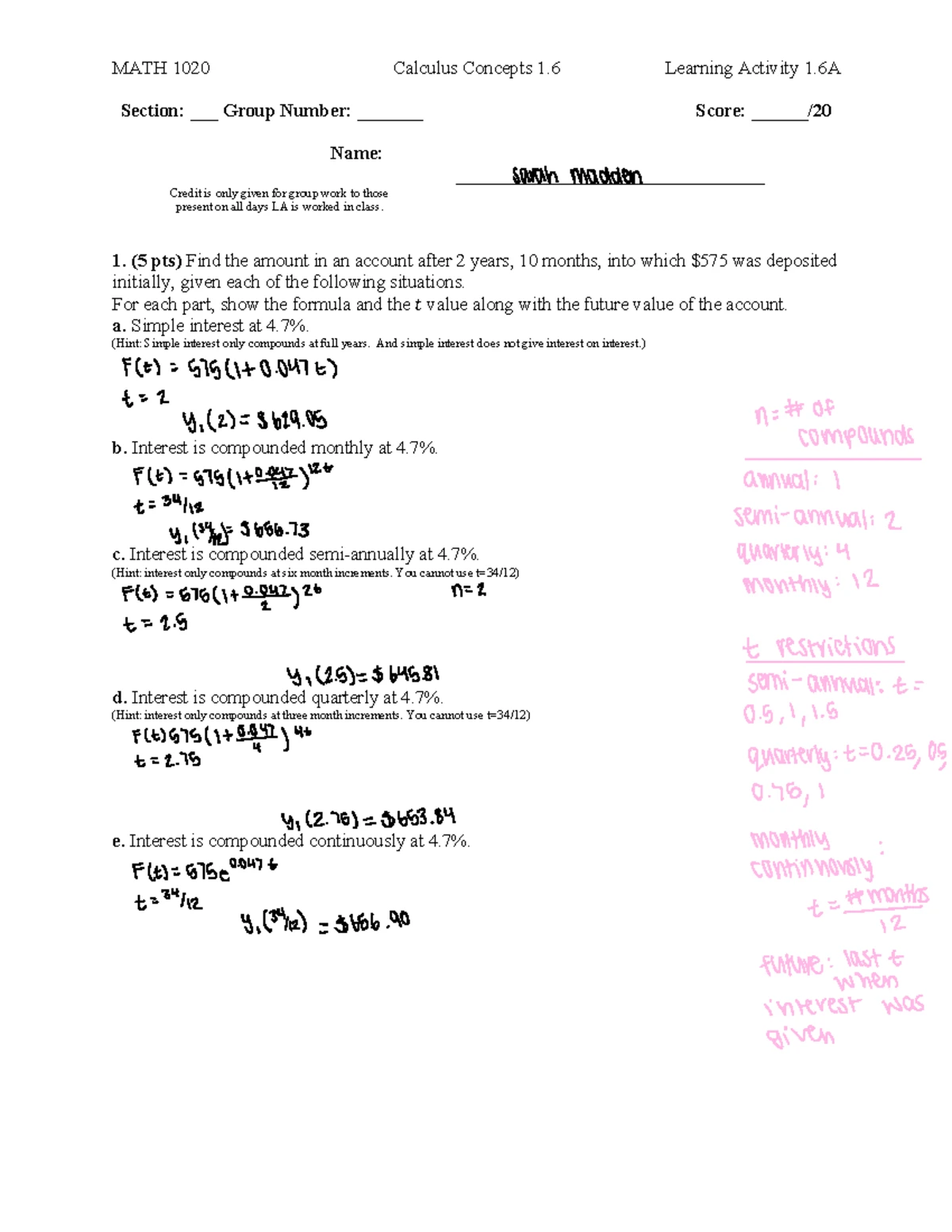 MATH 1020 Learning Activity 2.4: Quadratic and Cubic Functions Guide ...