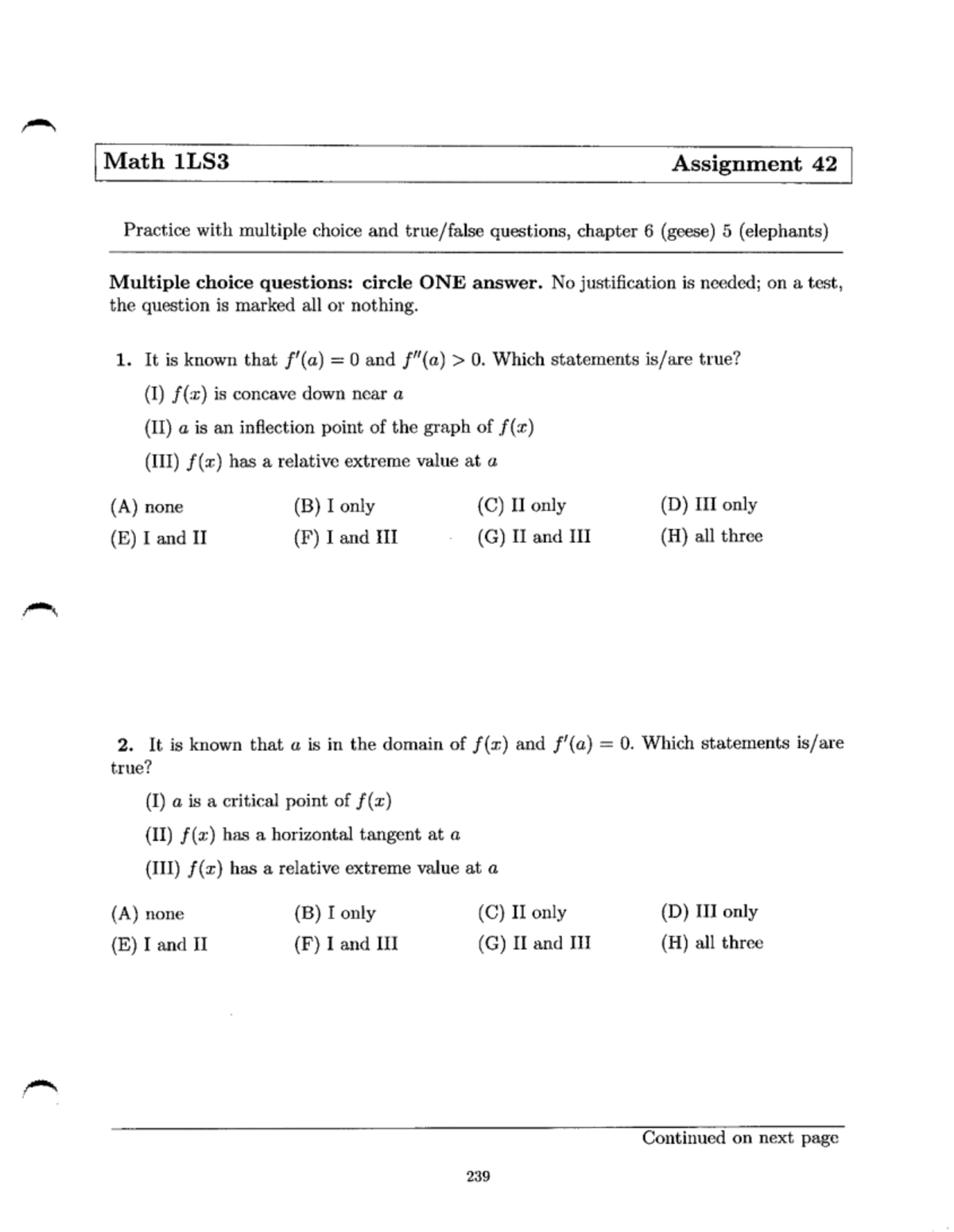 Math 1LS3 Assignment 42 practice with multiple choice questions - Studocu