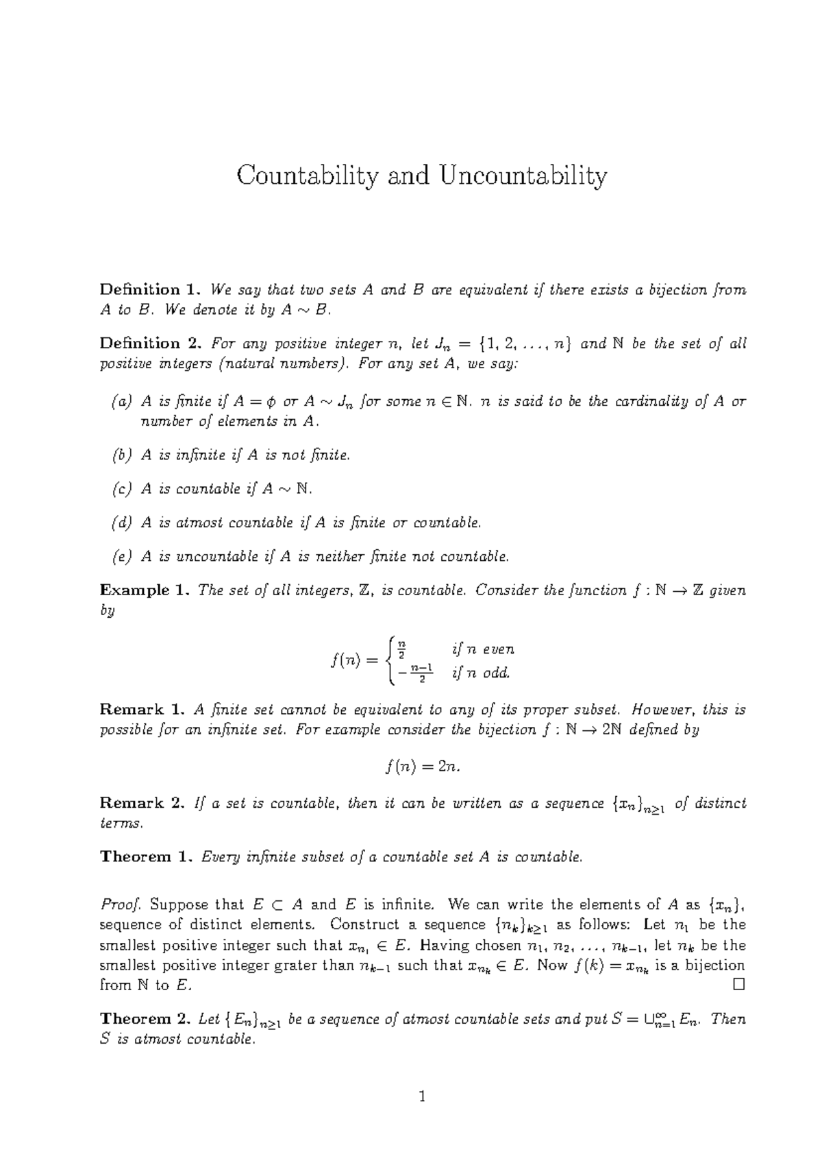 Countable - Countability and Uncountability Definition 1. We say that ...
