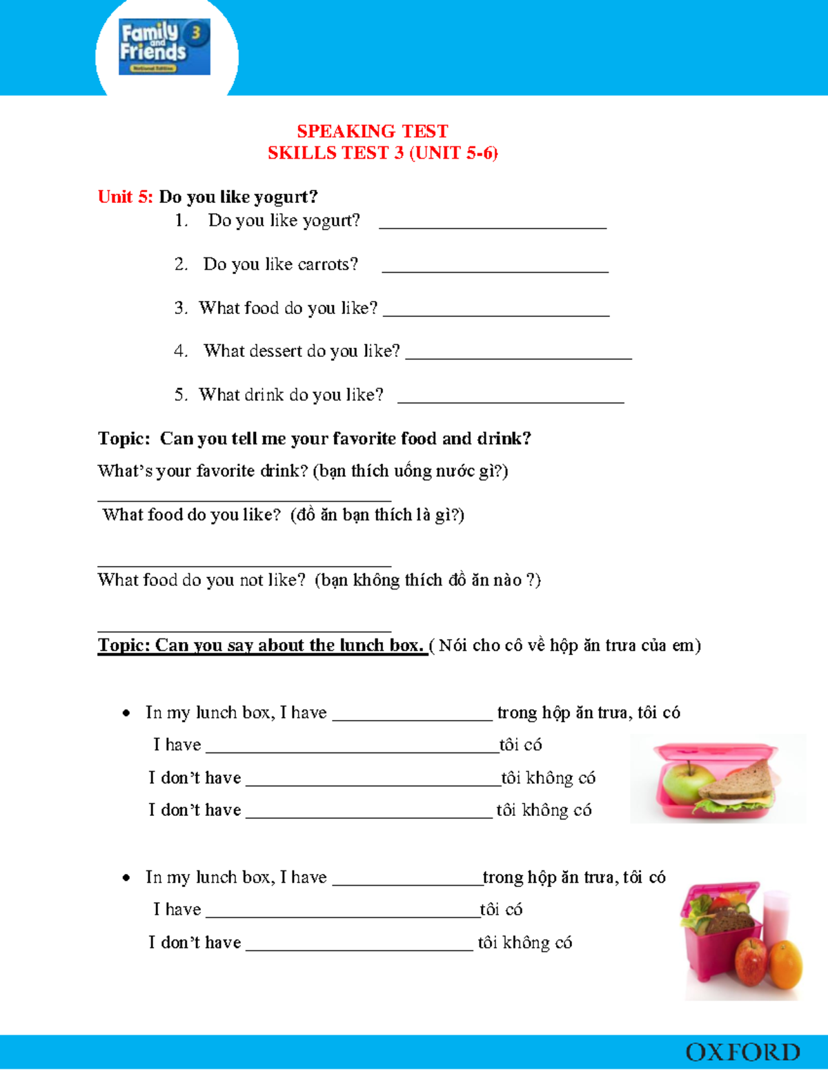 SPEAKING TEST SKILLS TEST 3: Family and Friends 3 Units 5-6 - Studocu