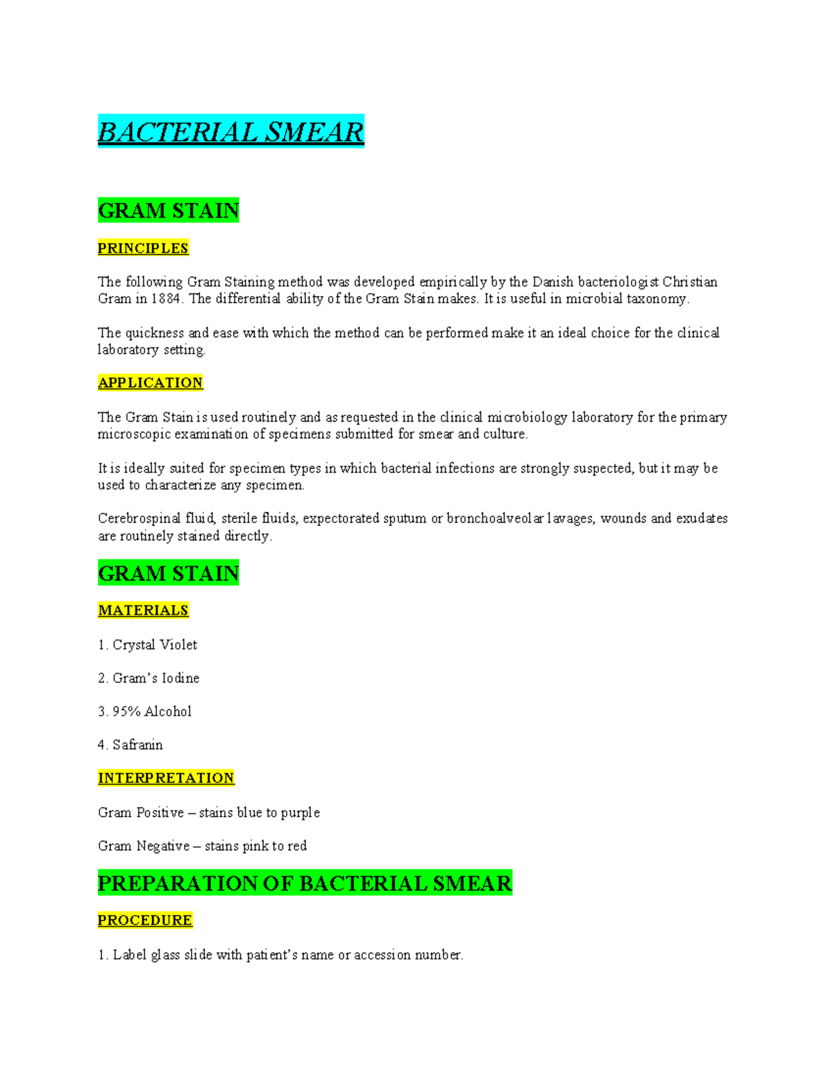 Bacterial Smear & Gram Stain Principles - MLSP112 Lab Guide - Studocu