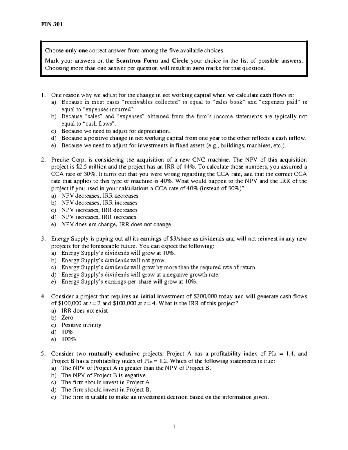 Sample midterm 2 for FIN 301: Multiple choice questions and answers ...