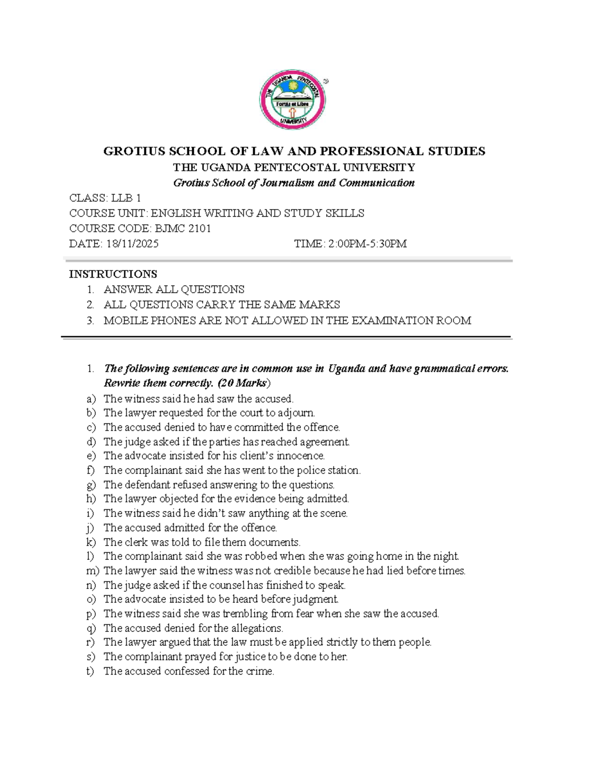 English Writing and Study Skills: LLB 1 - BJMC 2101 Exam Guide - Studocu