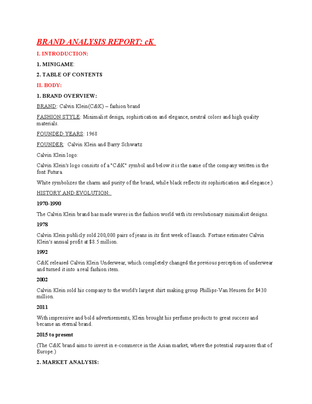 Brand Analysis Report. Calvin Klein(C&K) - BRAND ANALYSIS REPORT: cK I ...