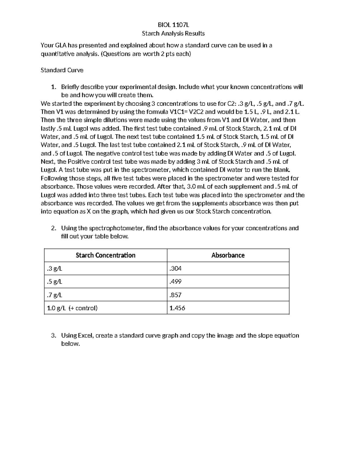 BIOL 1107L Starch Analysis Lab Results and Standard Curve Data - Studocu