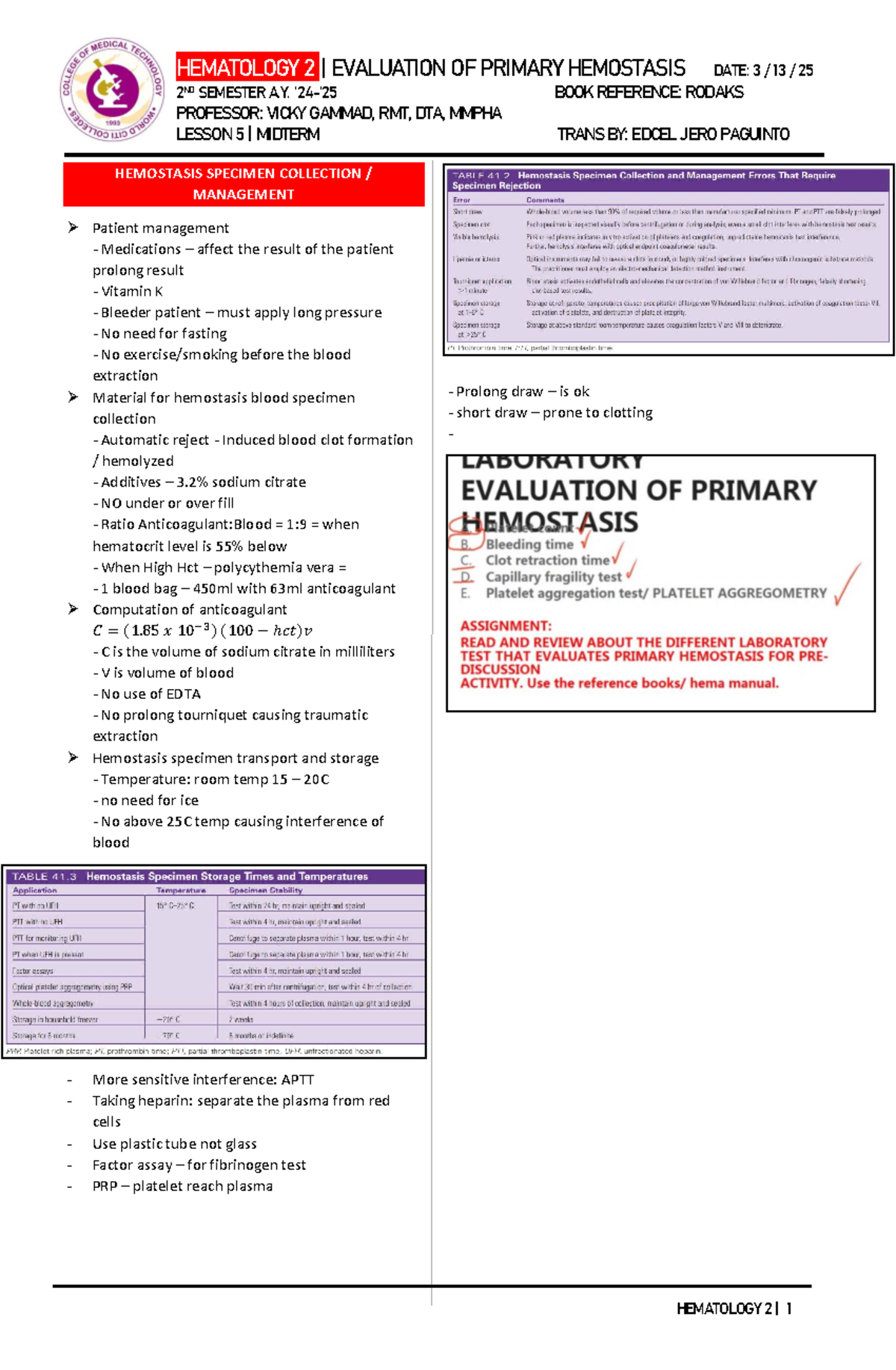 Hema 2 - L5 - Midterm Evaluation of Primary Hemostasis - Studocu