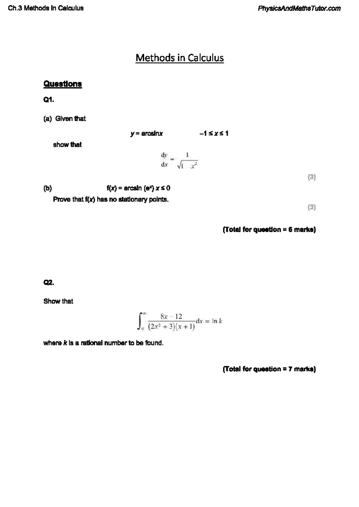 Ch.3 Methods in Calculus - Questions and Mark Scheme - Studocu