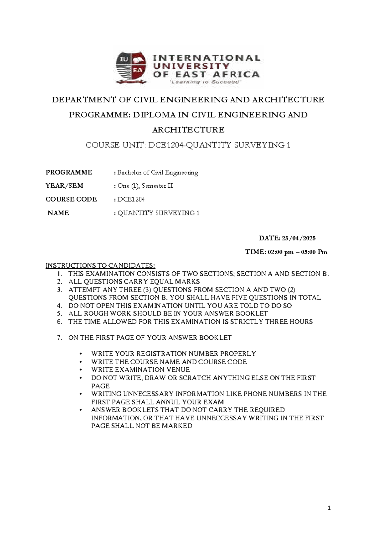 DCE1204: Quantity Surveying 1 Final Exam Questions and Guidelines - Studocu