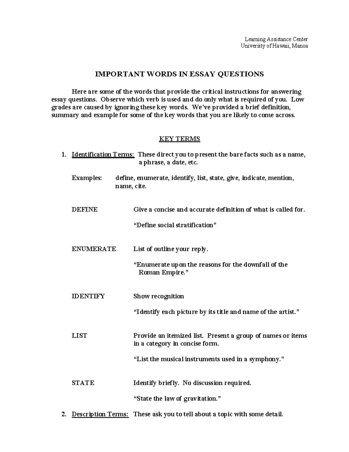 Key Terms and Instructions for Essay Questions (Learning Assistance ...