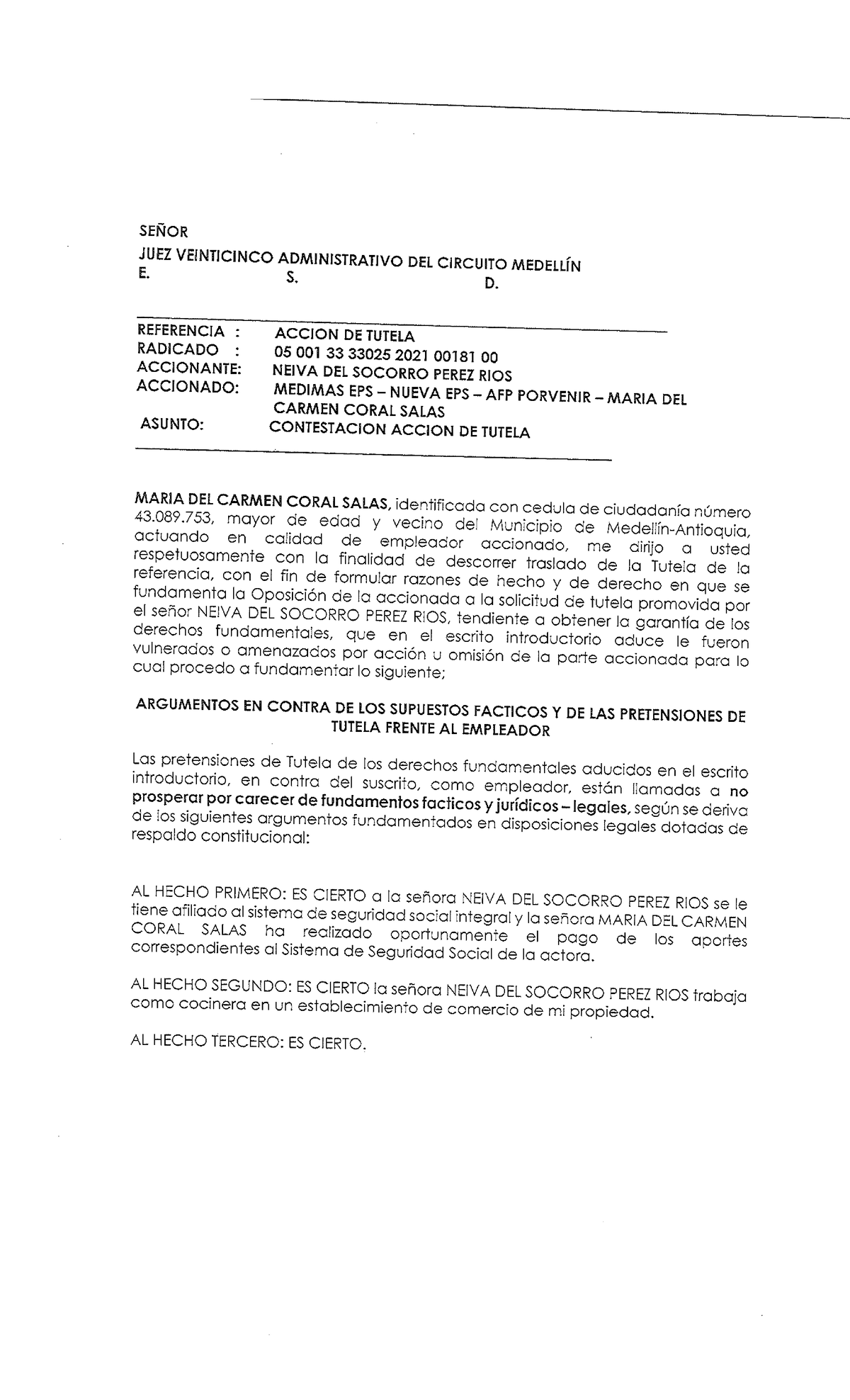 Contestación de Tutela - Radicado 05 001 33 33025 2021 - María Coral ...